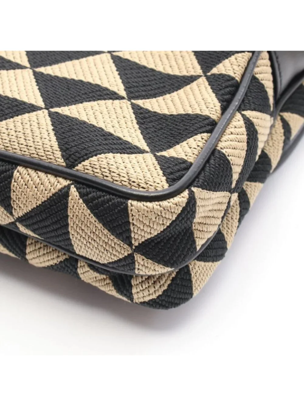 Prada Shoulder Bag Symbol Embroidery Beige Black Canvas Leather